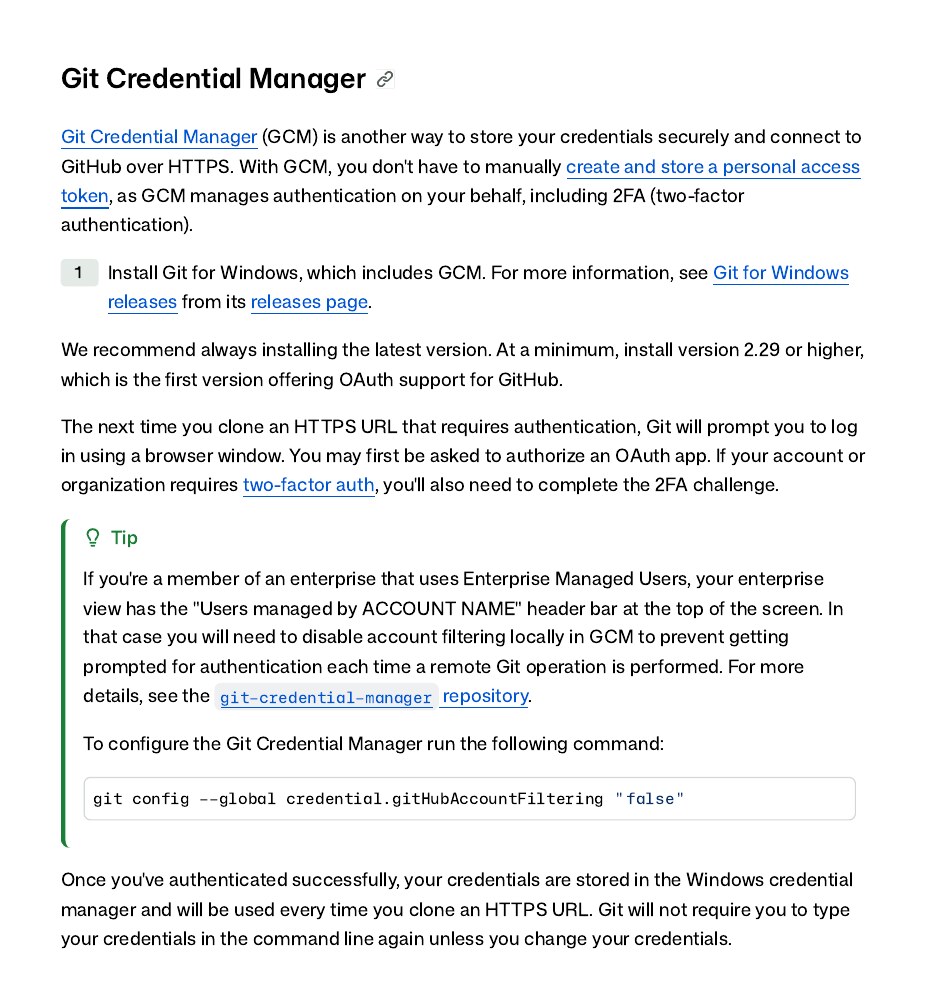 GitHub Docs Git Credential Manager section explaining that Git for Windows includes GCM and signs in through a browser window