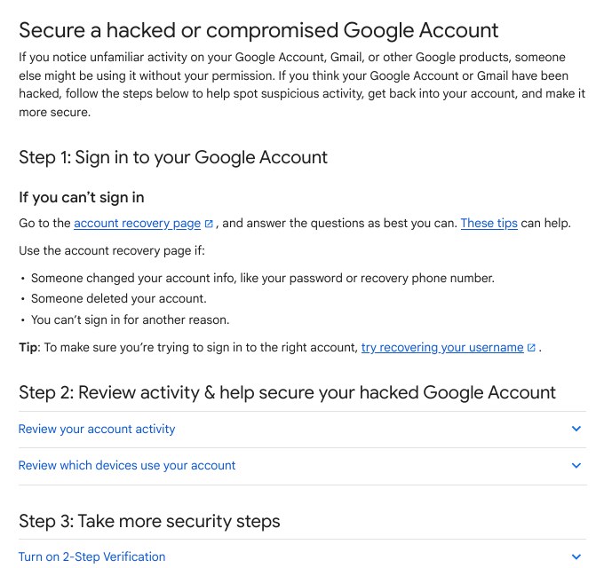 Google Account Help page Secure a hacked or compromised Google Account with the three steps