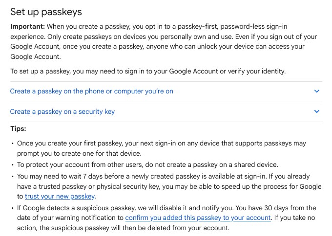 Google Account Help page section Set up passkeys with tips about shared devices and the 7 day wait
