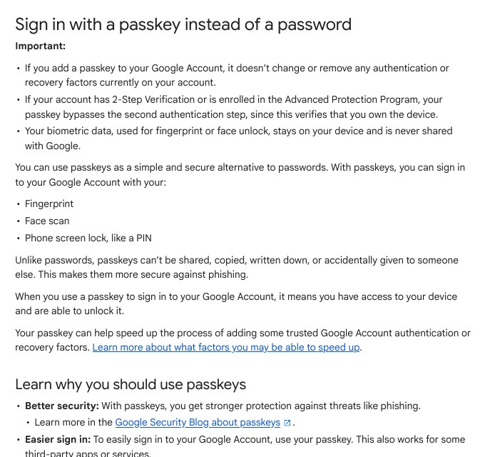 Google Account Help page Sign in with a passkey instead of a password showing supported devices and browsers