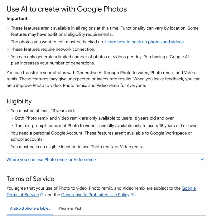 Google Help page Use AI to create with Google Photos showing eligibility rules for Photo remix and Video remix