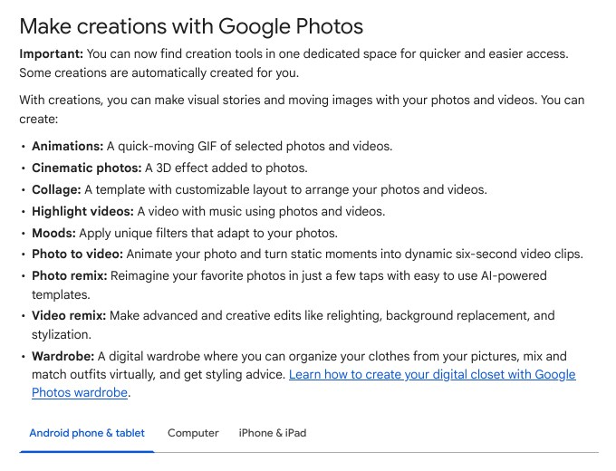 Google Help page Make creations with Google Photos listing animations, collage, highlight videos and remix tools