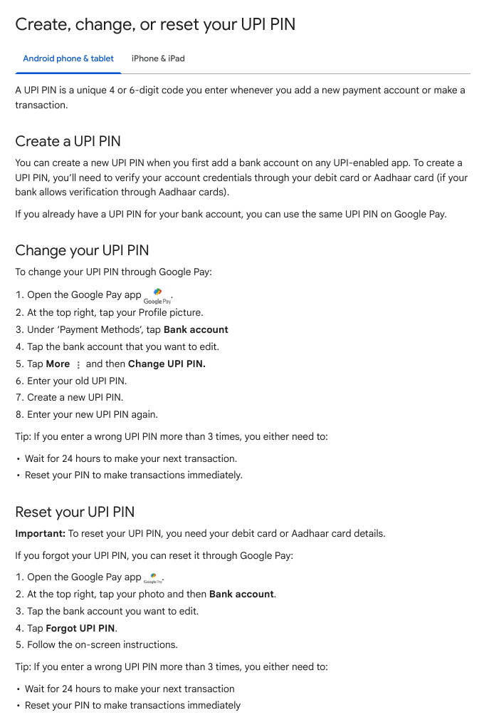 Google Pay Help page Create, change, or reset your UPI PIN showing the steps for Android