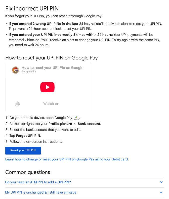 Google Pay Help page Fix incorrect UPI PIN explaining the 2 wrong PIN alert and the 24 hour block