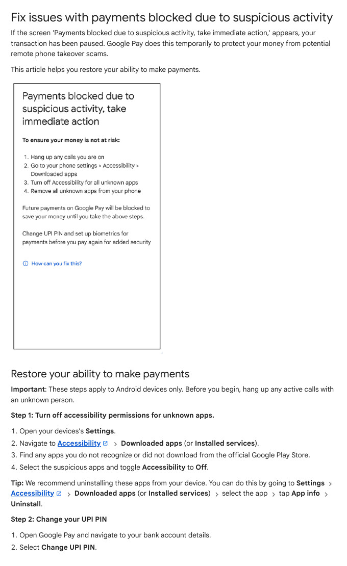 Google Pay Help page Fix issues with payments blocked due to suspicious activity with accessibility steps