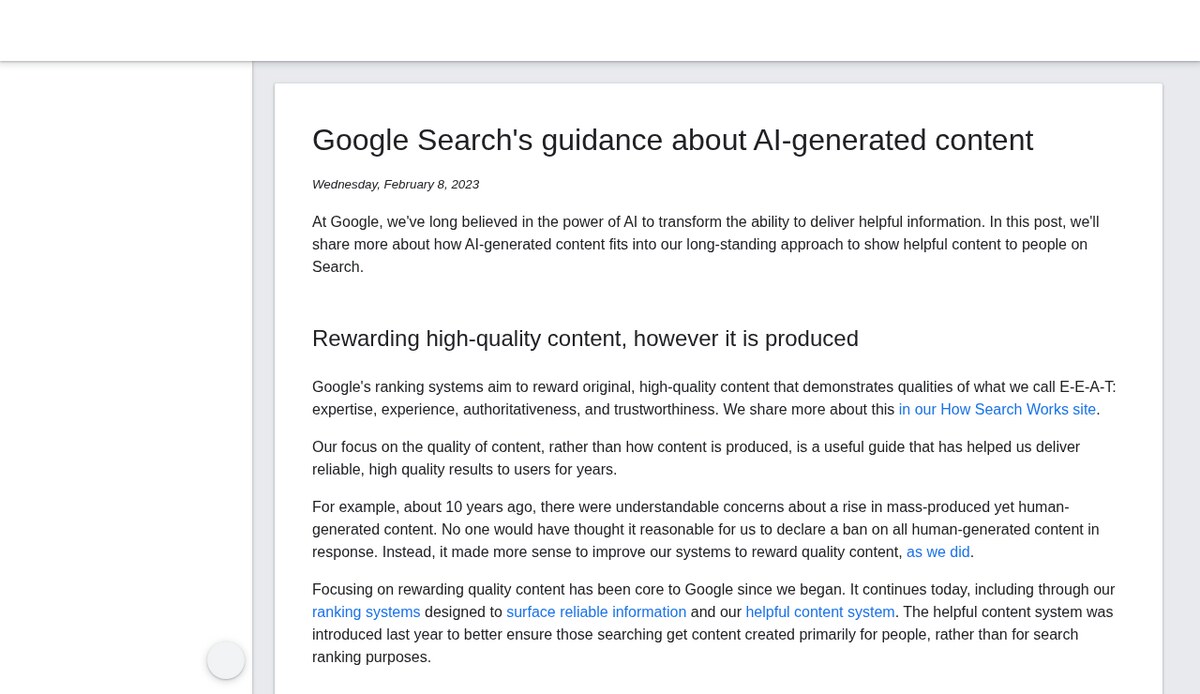 Google Search Central Blog post titled Google Search's guidance about AI-generated content, dated February 8, 2023