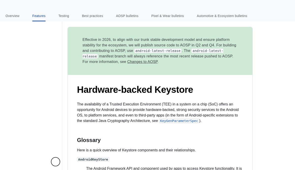 Android Open Source Project documentation page Hardware-backed Keystore, describing the Trusted Execution Environment on a phone's chip