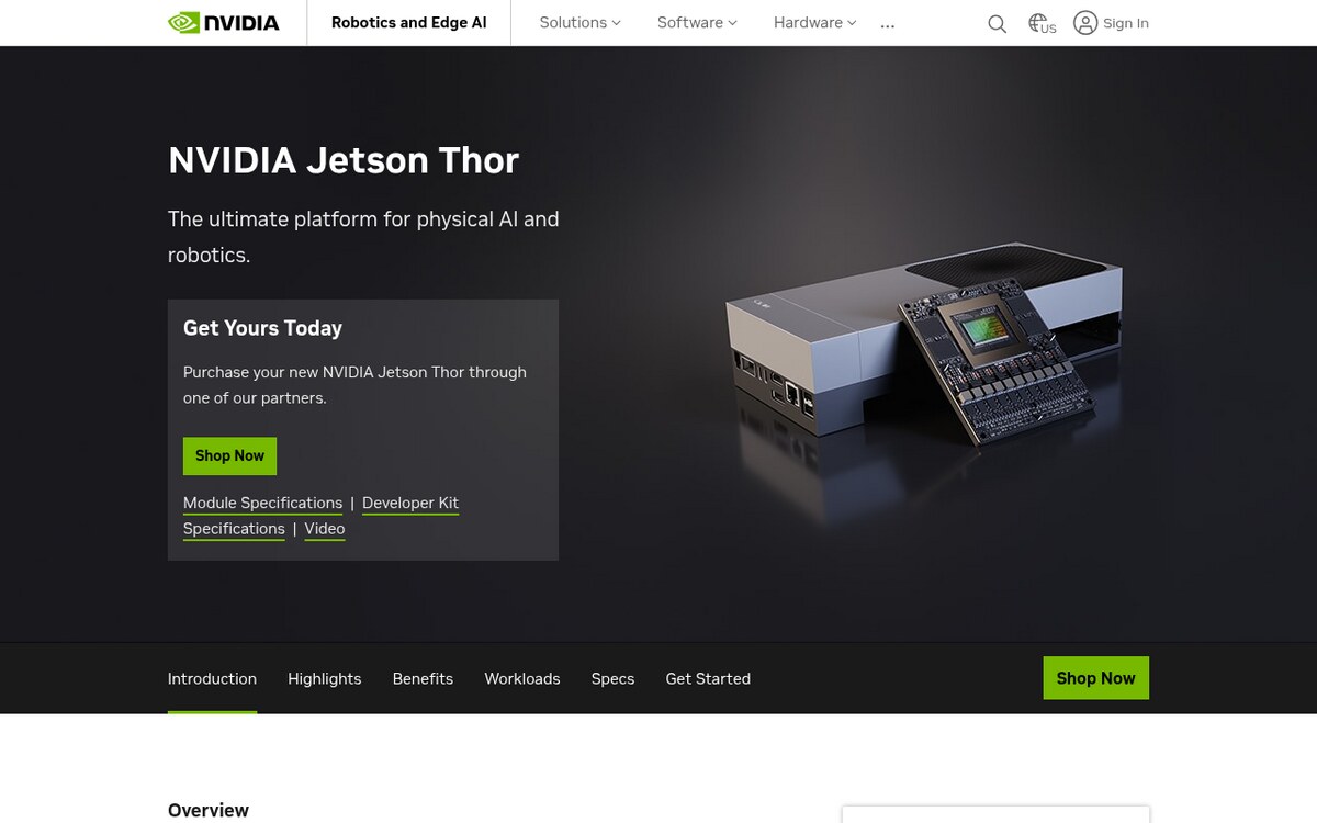 NVIDIA Jetson Thor product page with the heading The ultimate platform for physical AI and robotics