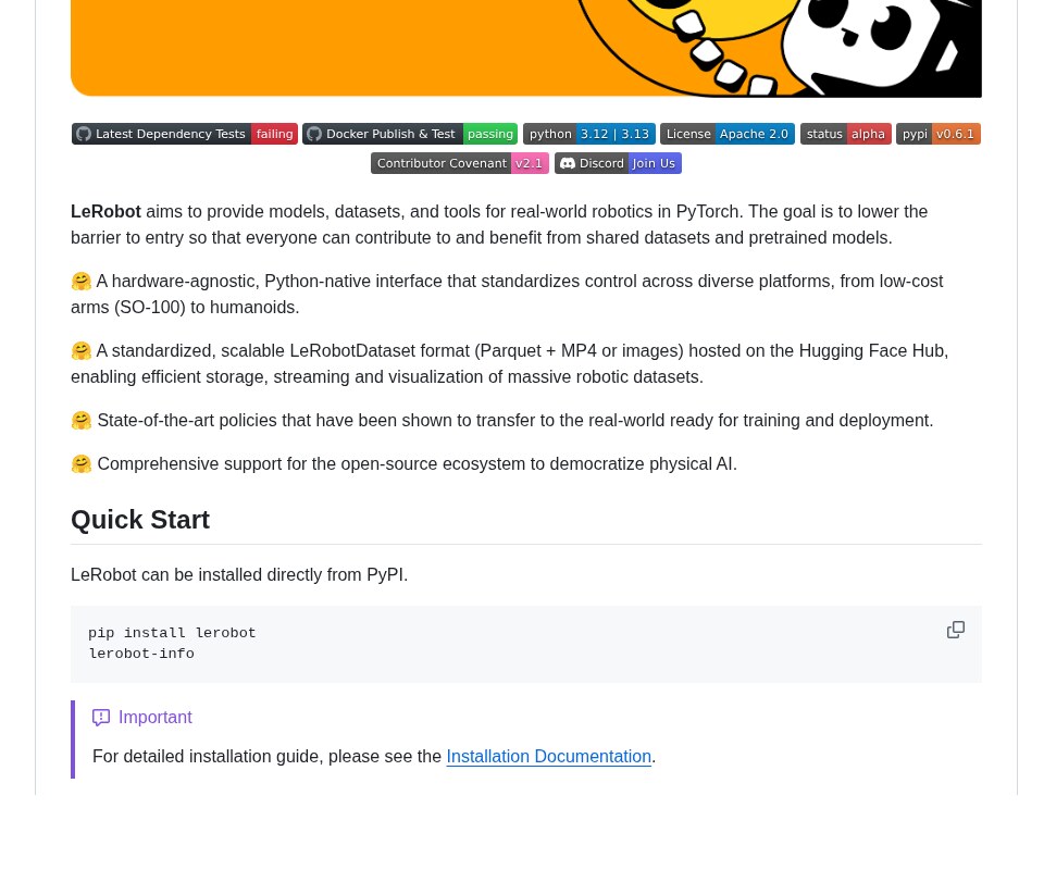 Hugging Face LeRobot GitHub README with its feature list and pip install lerobot quick start