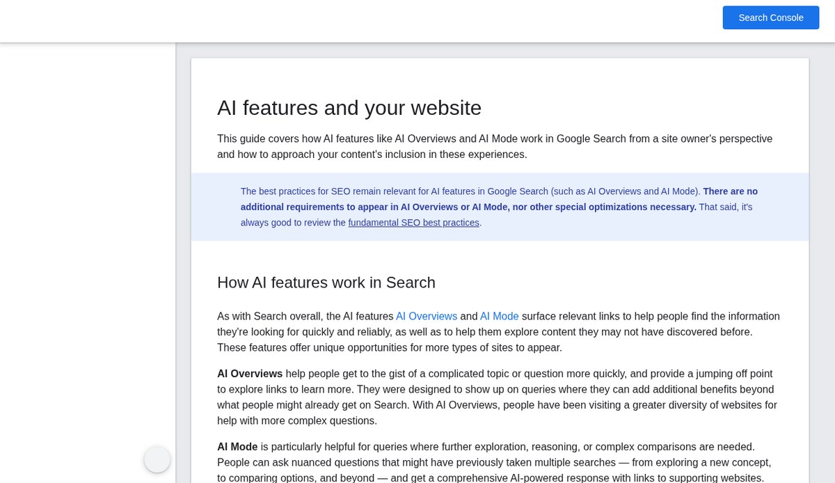 Google Search Central documentation page AI features and your website, explaining how AI Overviews and AI Mode work