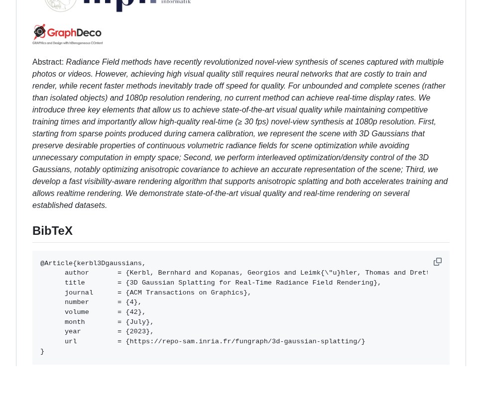 GitHub README of graphdeco-inria/gaussian-splatting showing the paper abstract and BibTeX citation for 3D Gaussian Splatting
