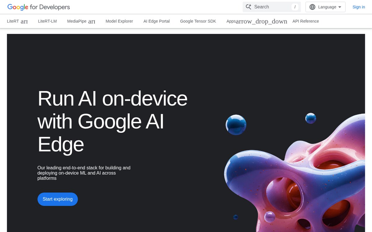 Google AI Edge developer page with the heading Run AI on-device with Google AI Edge