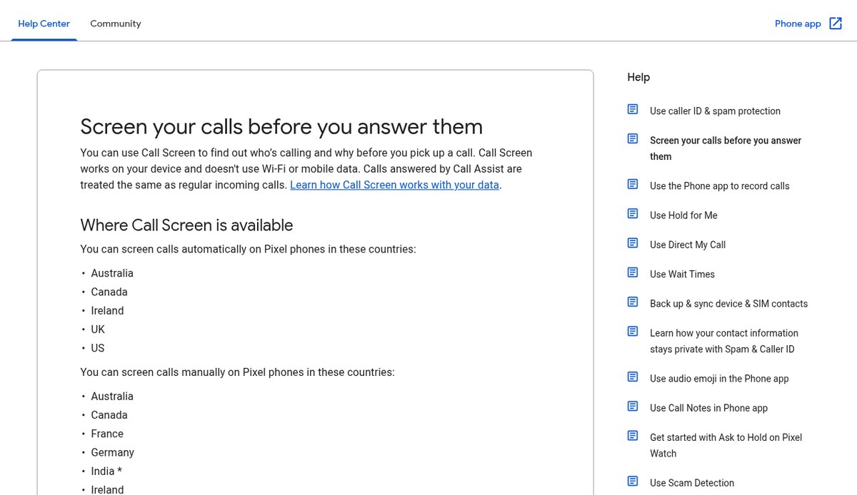 Google Phone app Help page Screen your calls before you answer them, listing the countries where Call Screen is available