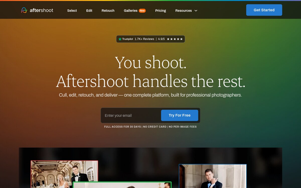 Aftershoot home page with the heading You shoot. Aftershoot handles the rest, describing culling, editing and retouching