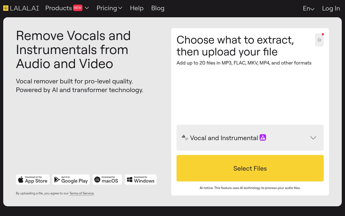 LALAL.AI home page: Remove Vocals and Instrumentals from Audio and Video, with a Vocal and Instrumental file upload panel