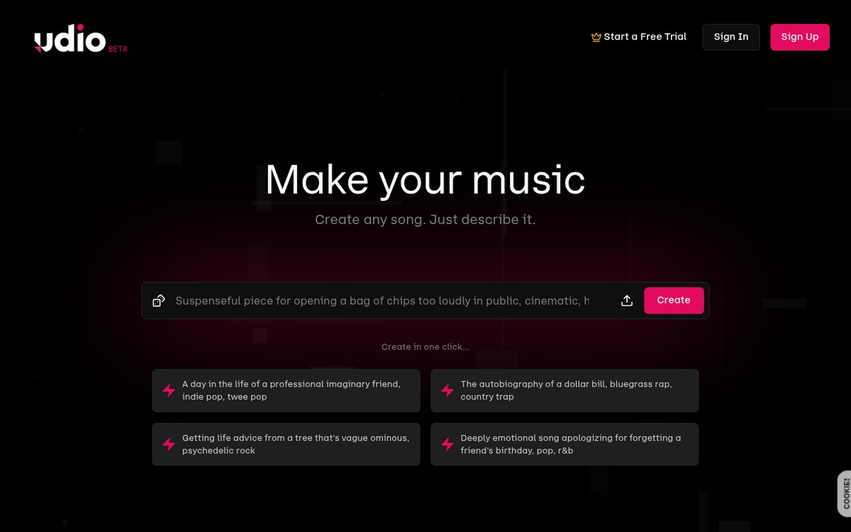 Udio home page with the heading Make your music and a text prompt box for describing a song