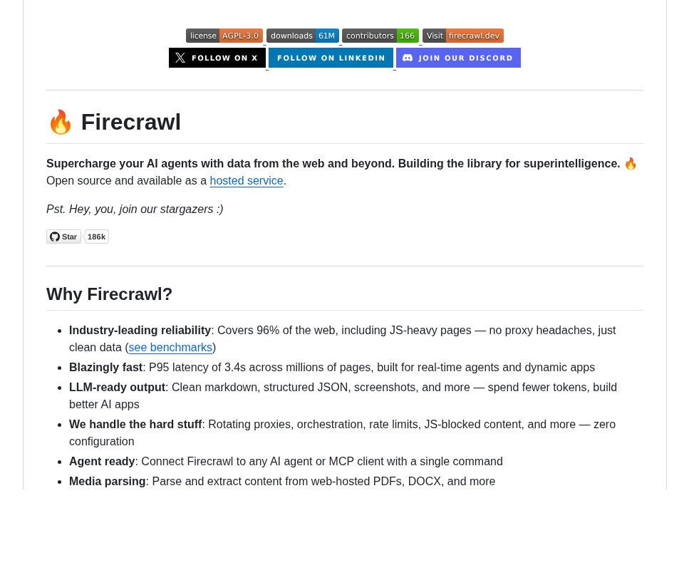 Firecrawl GitHub README describing Firecrawl and listing Why Firecrawl features such as LLM-ready output
