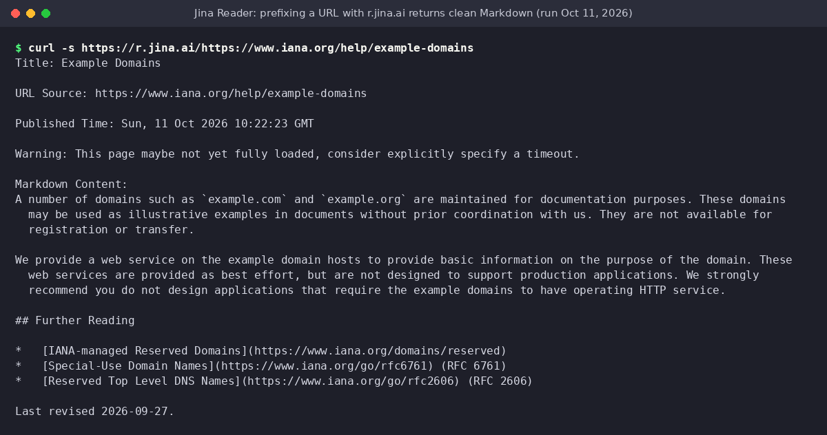 Terminal output of curl https://r.jina.ai/https://www.iana.org/help/example-domains returning the page title, URL source and Markdown content