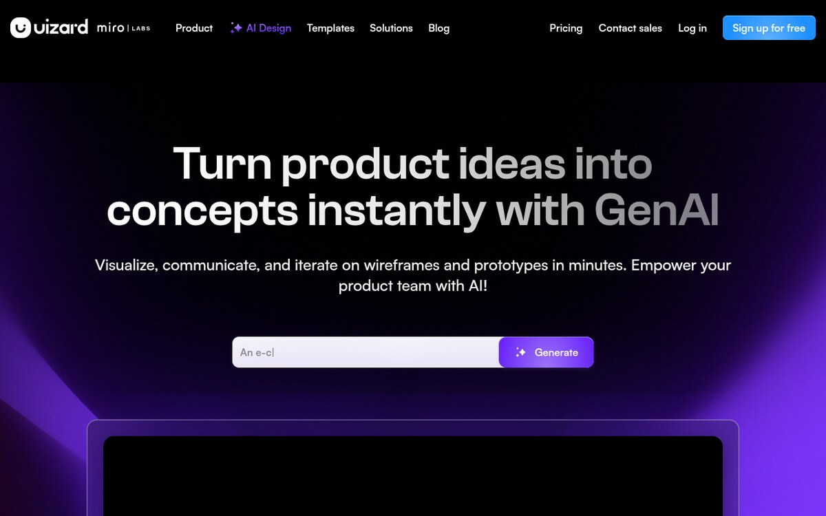 Uizard home page with the heading Turn product ideas into concepts instantly with GenAI and a Generate prompt box