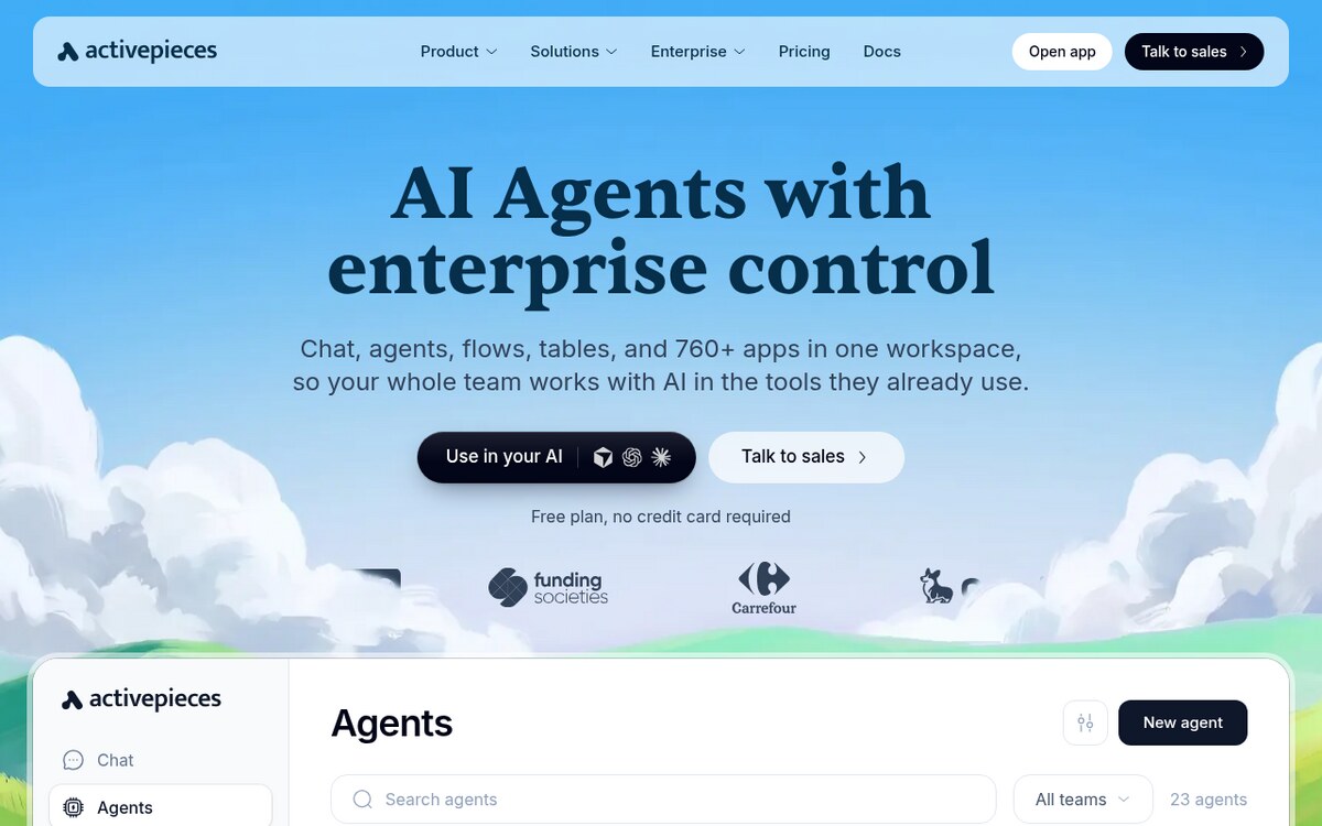 Activepieces home page with the heading AI Agents with enterprise control, mentioning 760+ apps
