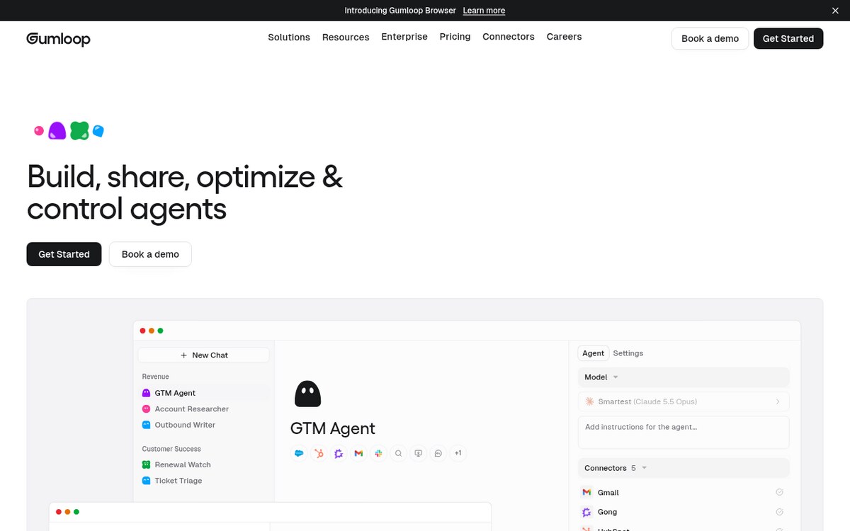 Gumloop home page with the heading Build, share, optimize and control agents and a preview of its agent builder