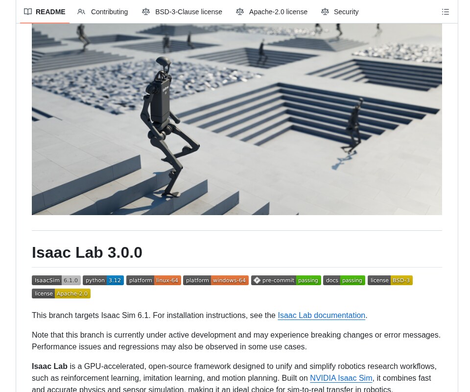 Isaac Lab 3.0.0 GitHub README with a simulated humanoid robot render and the project description