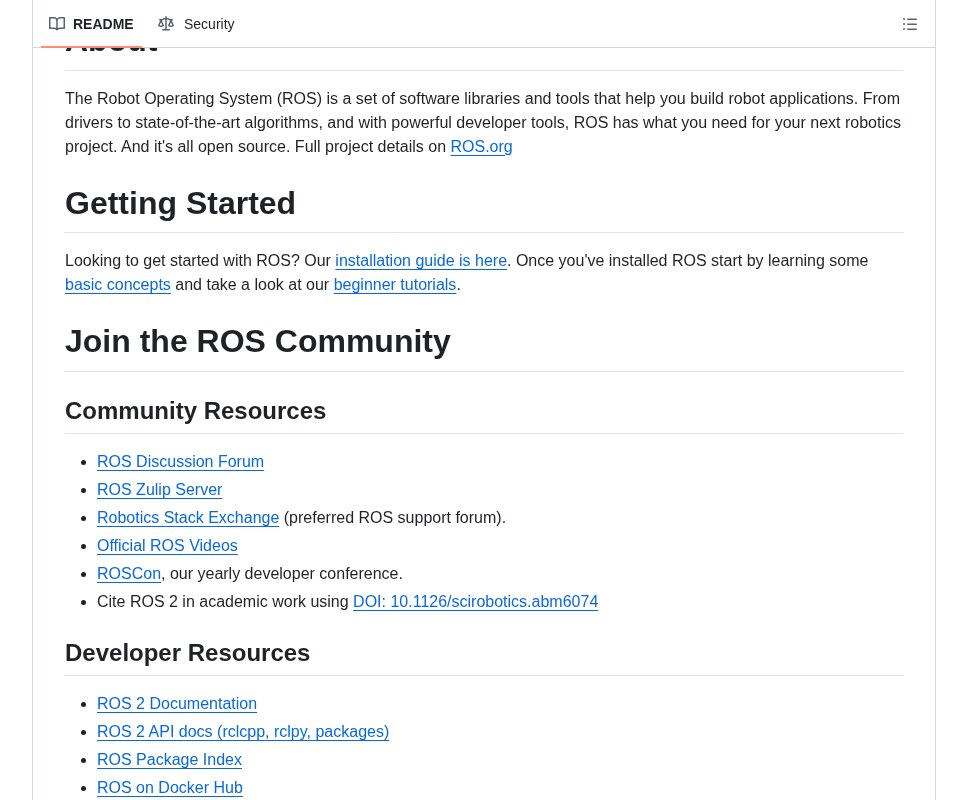 ros2/ros2 GitHub README explaining what the Robot Operating System is, with Getting Started and community resource links