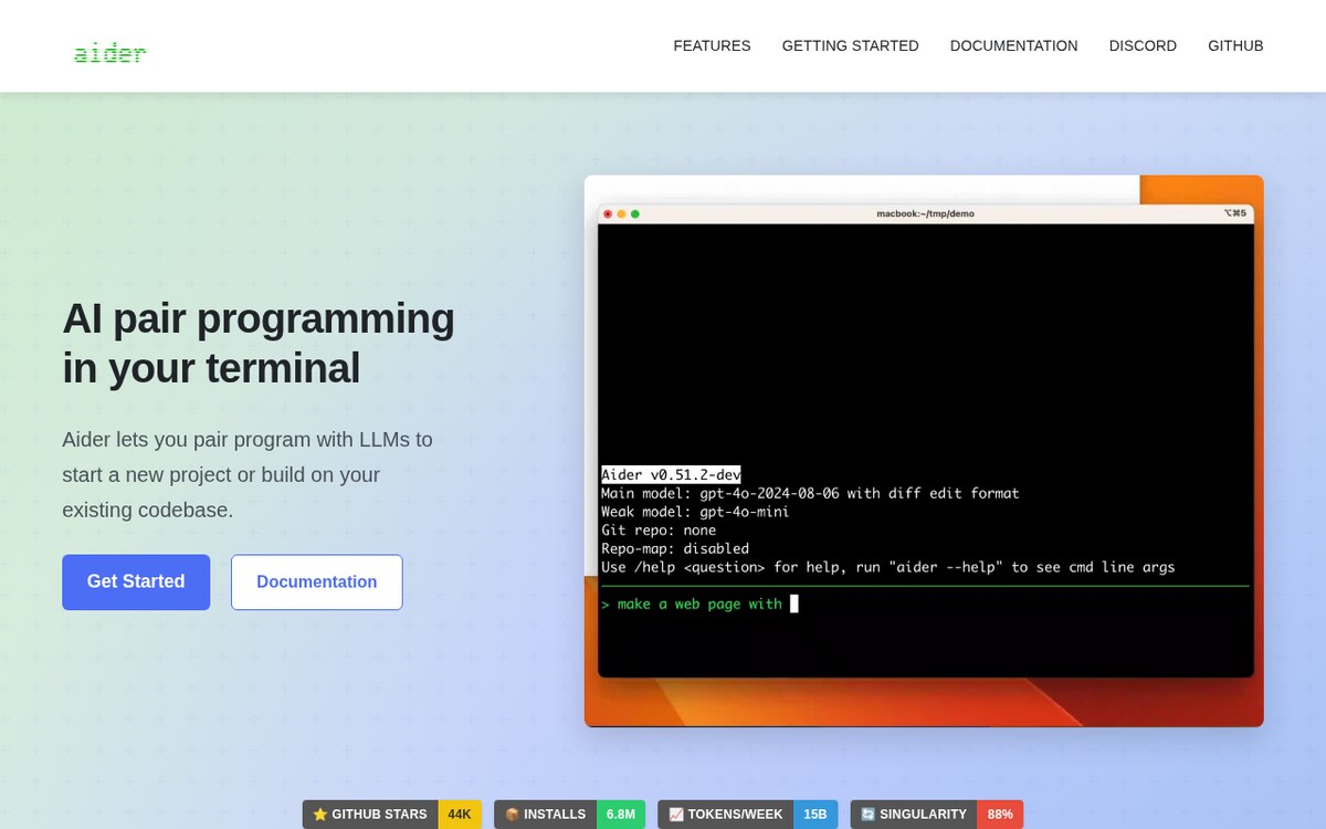 Aider home page AI pair programming in your terminal, with a terminal window showing an aider session starting