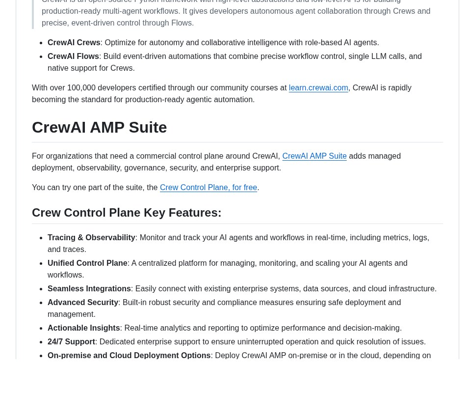 CrewAI GitHub README describing CrewAI Crews, CrewAI Flows and the CrewAI AMP Suite
