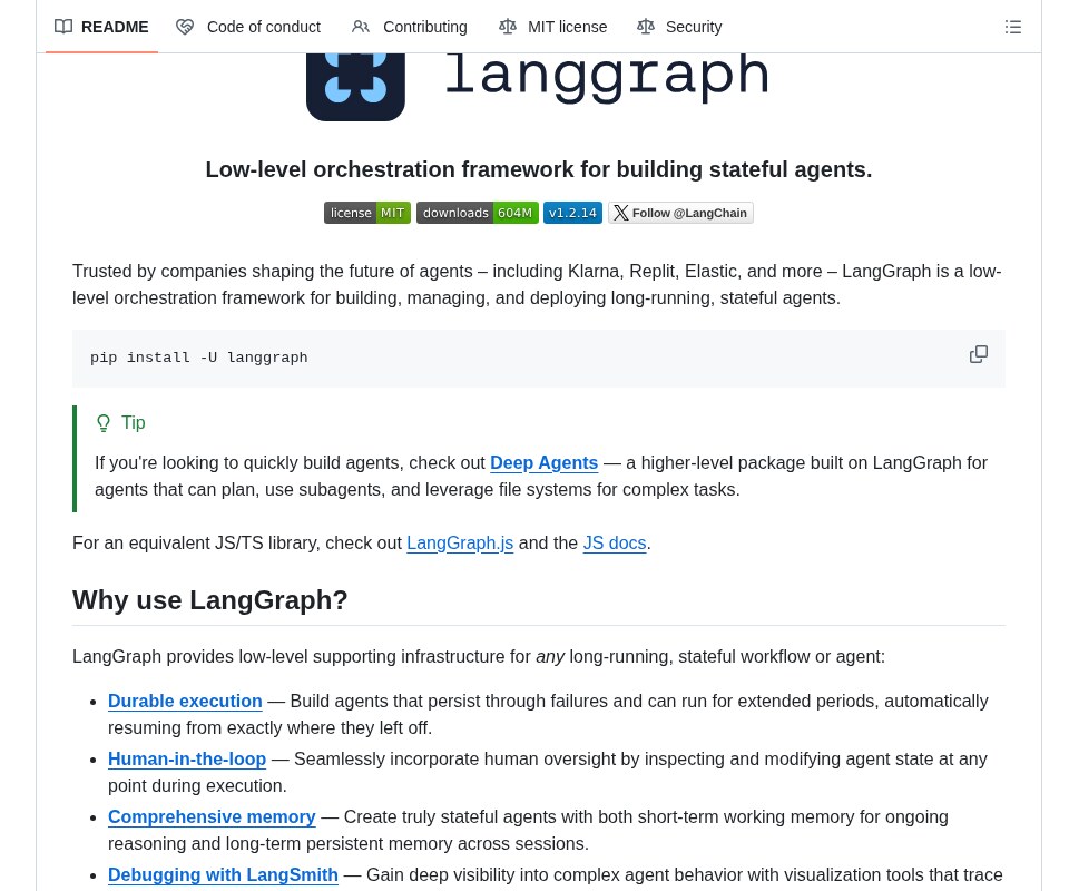 LangGraph GitHub README: low-level orchestration framework for building stateful agents, with pip install -U langgraph