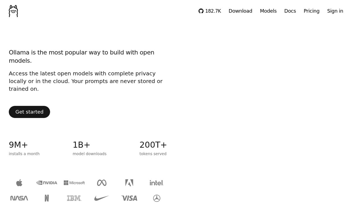 Ollama home page: Ollama is the most popular way to build with open models, with a Get started button