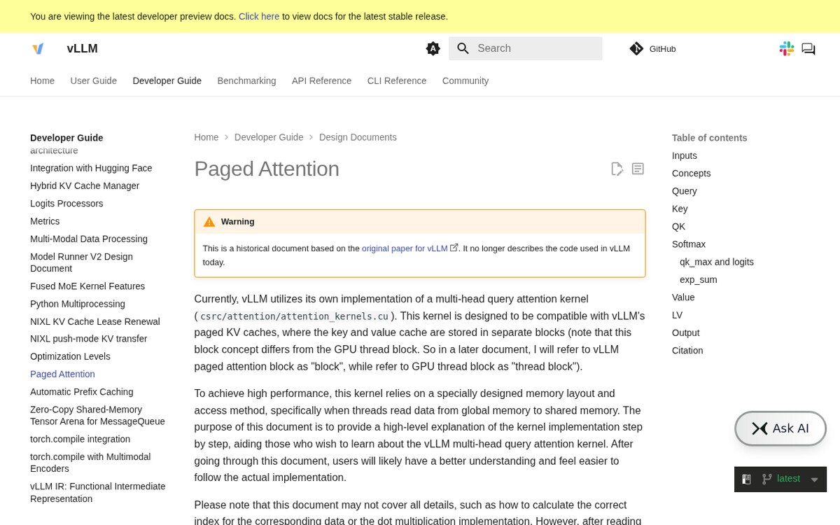 vLLM documentation page Paged Attention from the Developer Guide design documents