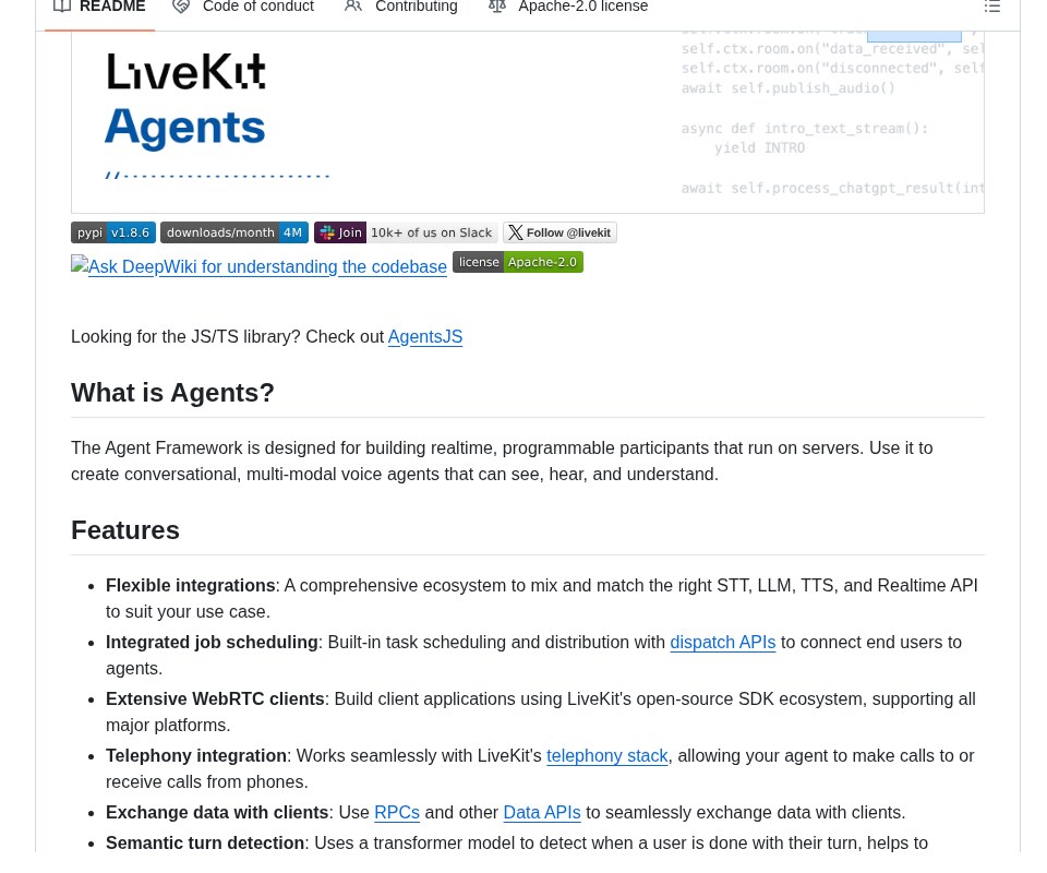 LiveKit Agents GitHub README: a framework for building realtime, programmable voice agents, with its feature list