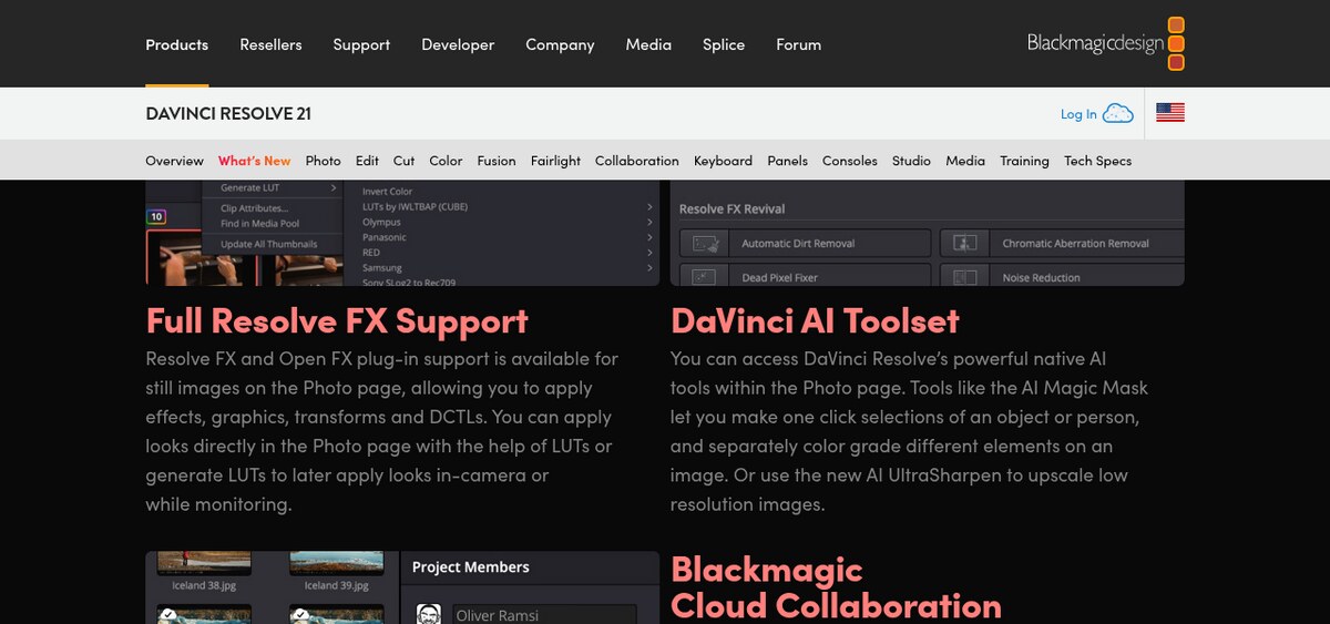 Blackmagic Design DaVinci Resolve What's New page section DaVinci AI Toolset, mentioning the AI Magic Mask