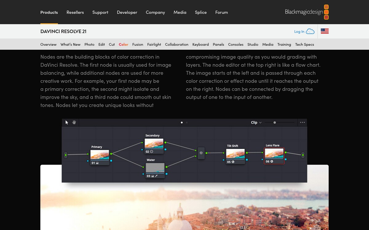 Blackmagic Design DaVinci Resolve Color page section Work with Nodes, with a node editor showing Primary, Secondary, Tilt Shift and Lens Flare nodes