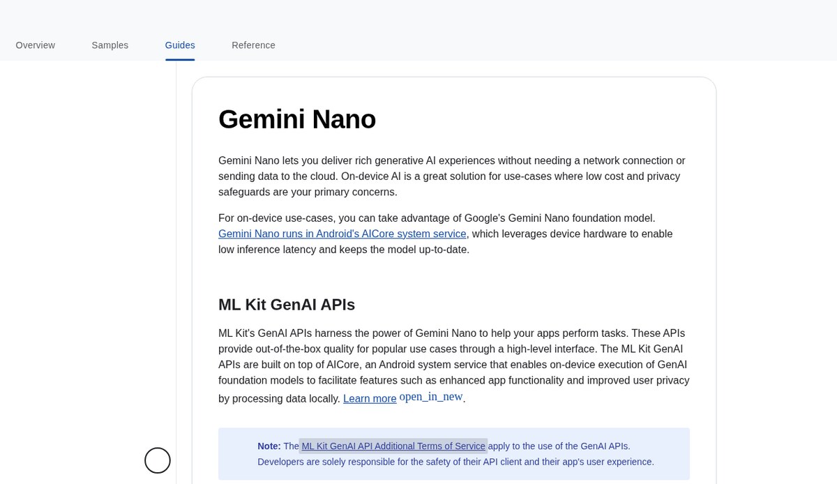Android Developers documentation page Gemini Nano, explaining that Gemini Nano runs in Android's AICore system service