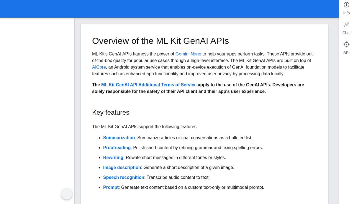 Google for Developers page Overview of the ML Kit GenAI APIs, listing summarization, proofreading, rewriting, image description, speech recognition and prompt