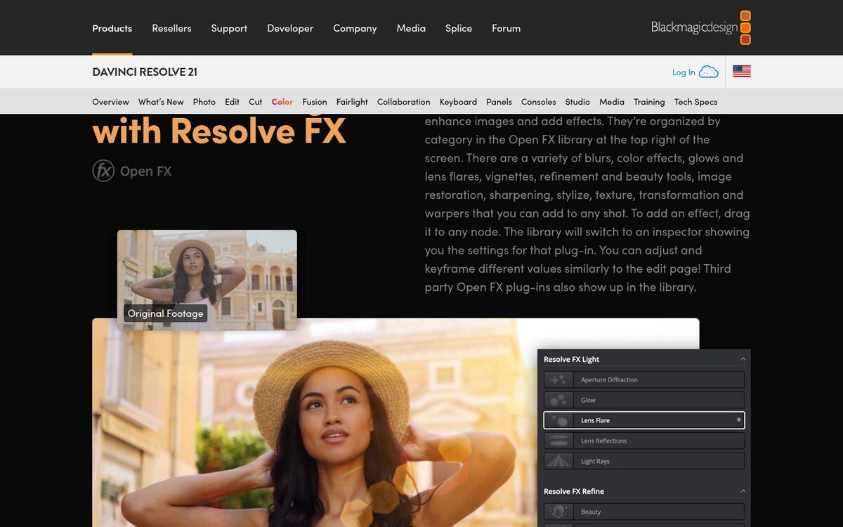 Blackmagic Design DaVinci Resolve Color page section Enhance Images with Resolve FX, showing the Resolve FX Light category in the Open FX library