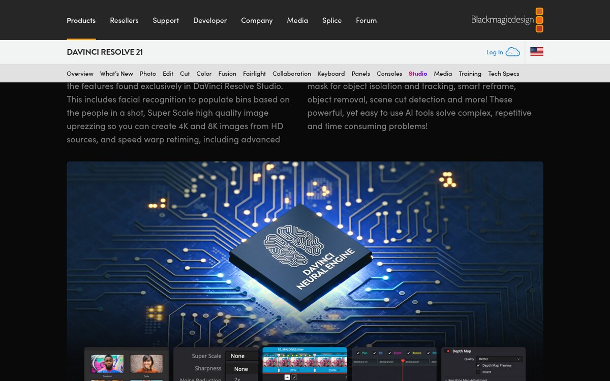 Blackmagic Design DaVinci Resolve Studio page section on the DaVinci AI Neural Engine with a Neural Engine chip graphic