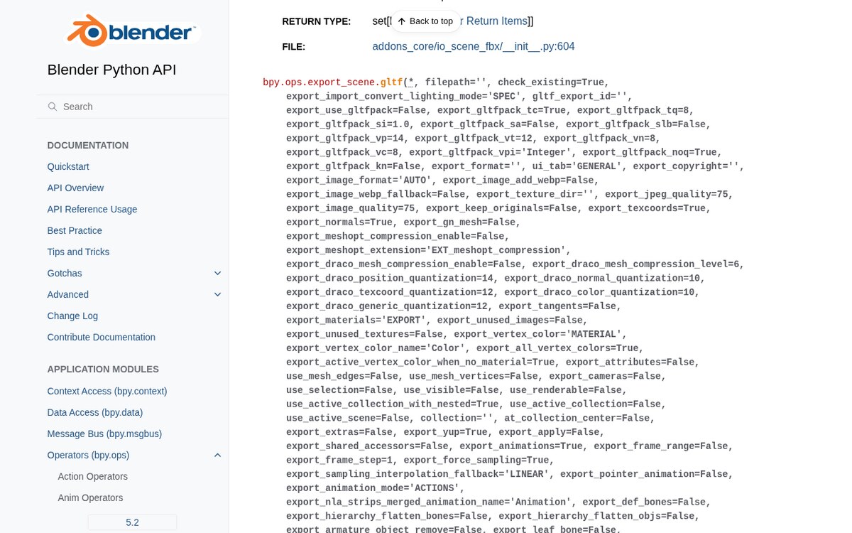 Blender Python API documentation for bpy.ops.export_scene.gltf showing the full list of glTF export parameters