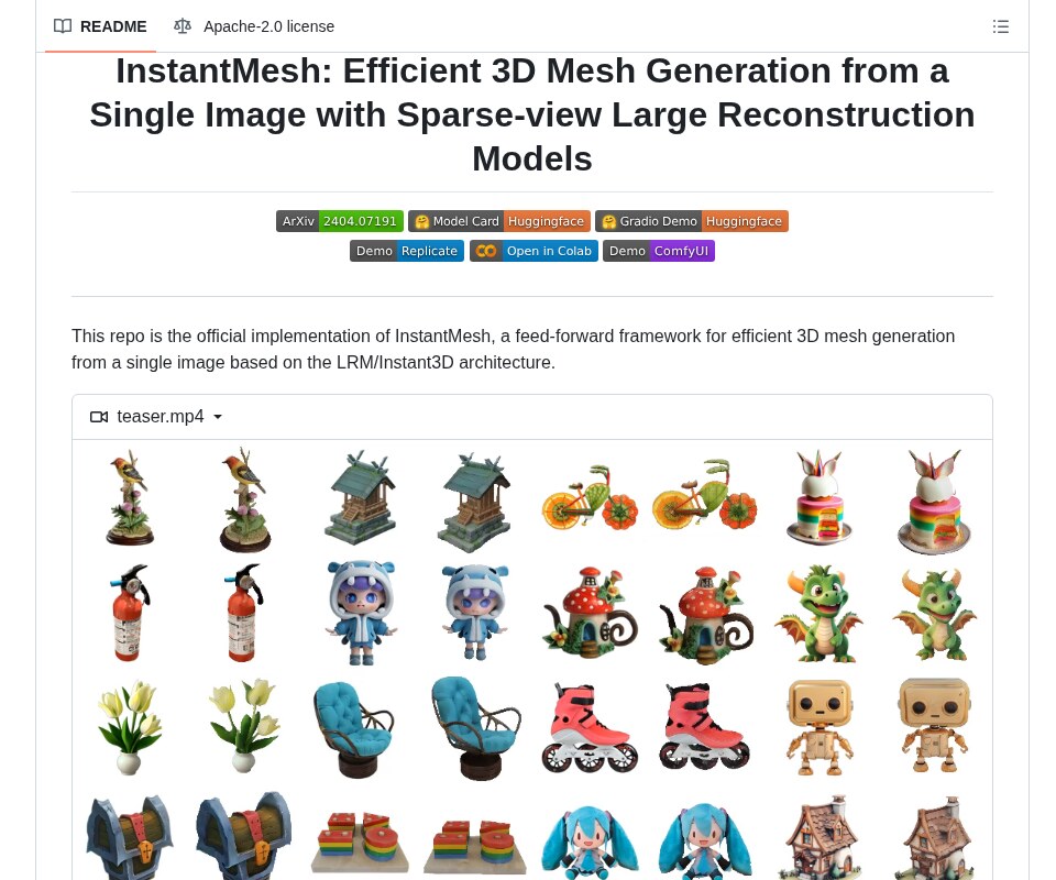 TencentARC InstantMesh GitHub README: Efficient 3D Mesh Generation from a Single Image with Sparse-view Large Reconstruction Models, with a grid of generated 3D objects