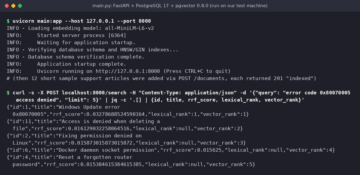 Terminal output: uvicorn starting the article's main.py, then a POST /search for error code 0x80070005 access denied returning five results with rrf_score, lexical_rank and vector_rank
