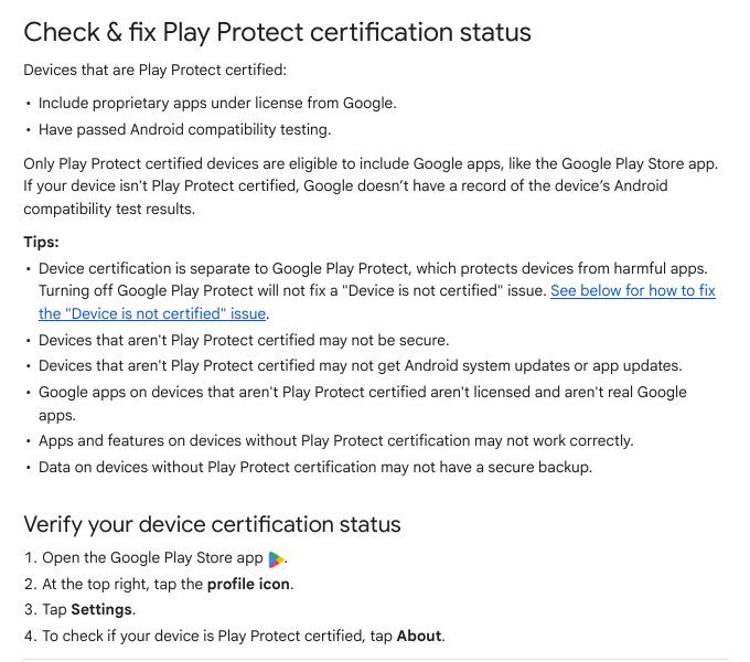 Android Help page Check and fix Play Protect certification status with the steps to open Play Store Settings and About
