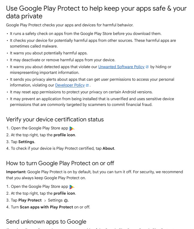 Google Play Help page Use Google Play Protect showing how to turn Scan apps with Play Protect on or off