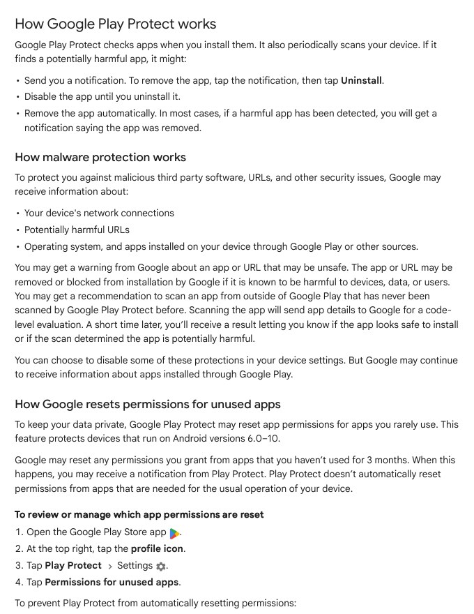 Google Play Protect help page section on how malware protection works and permissions for unused apps