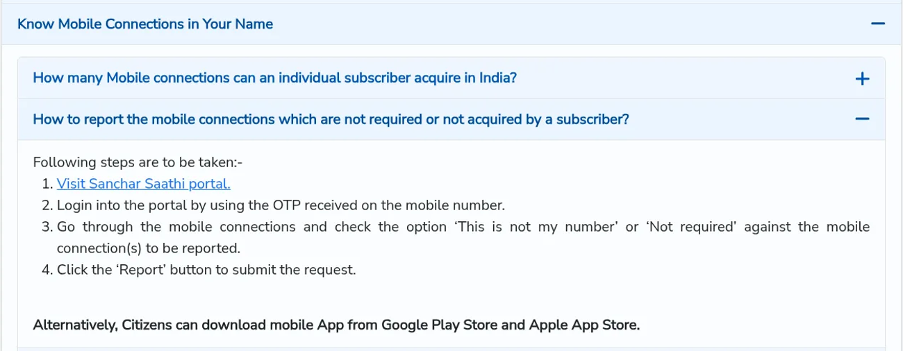 Sanchar Saathi FAQ showing the steps to report a mobile connection as not my number or not required