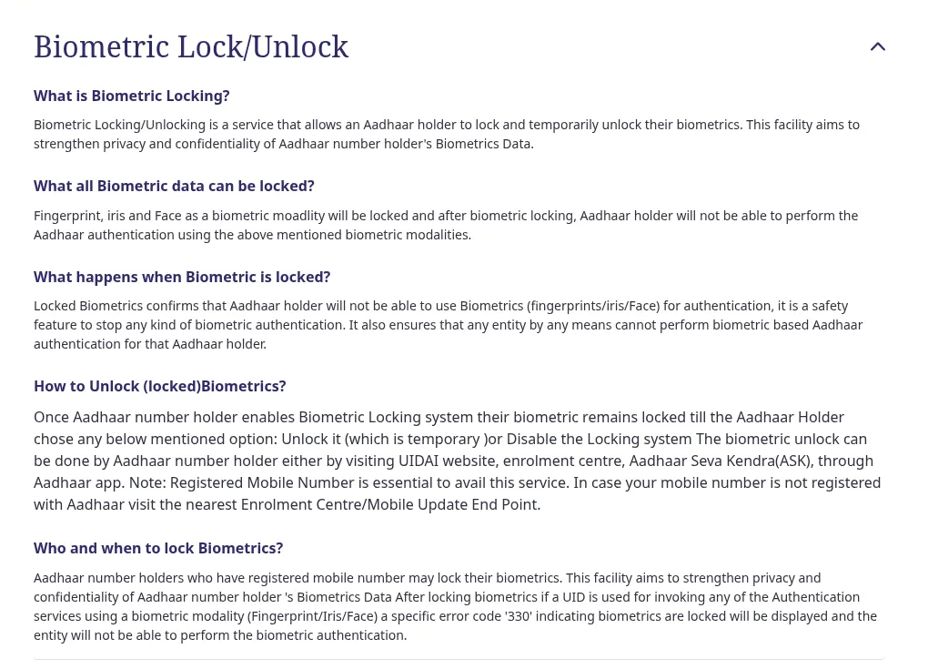 UIDAI help page showing the Biometric Lock/Unlock FAQ with answers on what biometric locking is, what can be locked and how to unlock