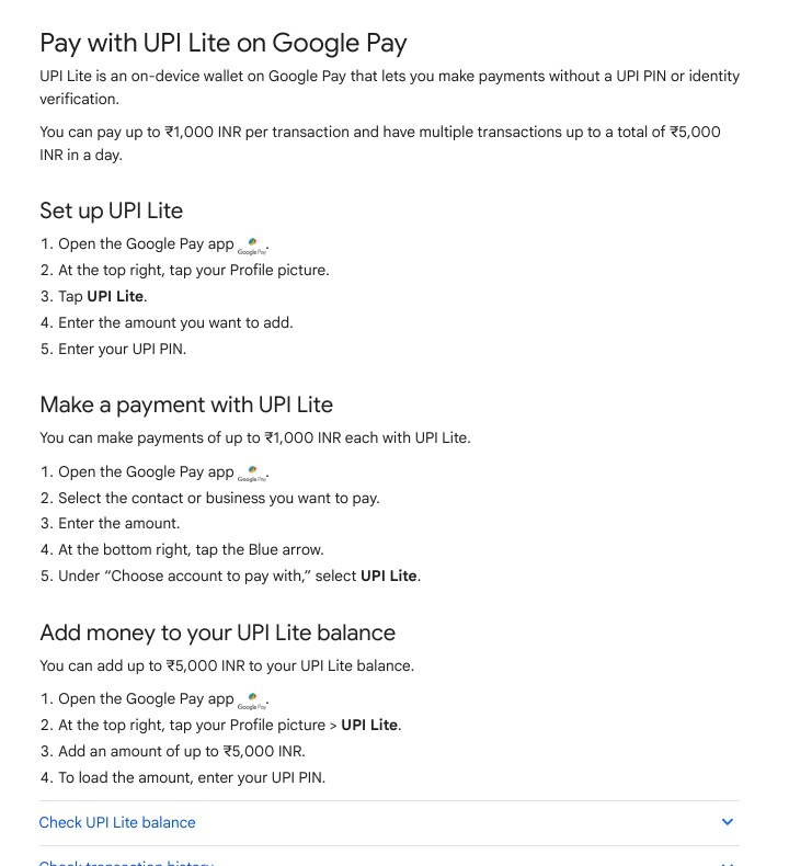 Google Pay Help page Pay with UPI Lite on Google Pay showing the 1,000 rupee per payment limit and setup steps