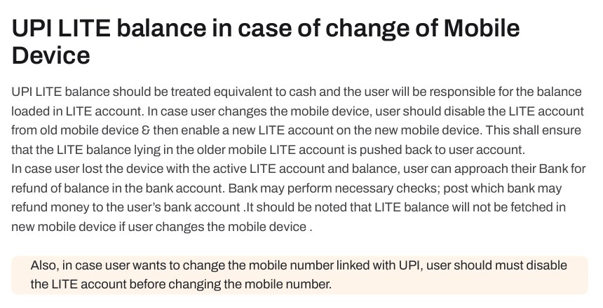 NPCI page on UPI LITE balance when you change your mobile device