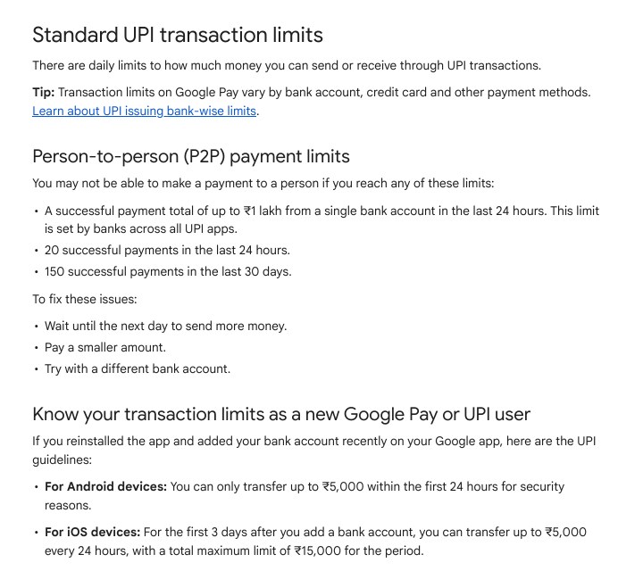 Google Pay Help page Standard UPI transaction limits showing P2P limits and new user limits